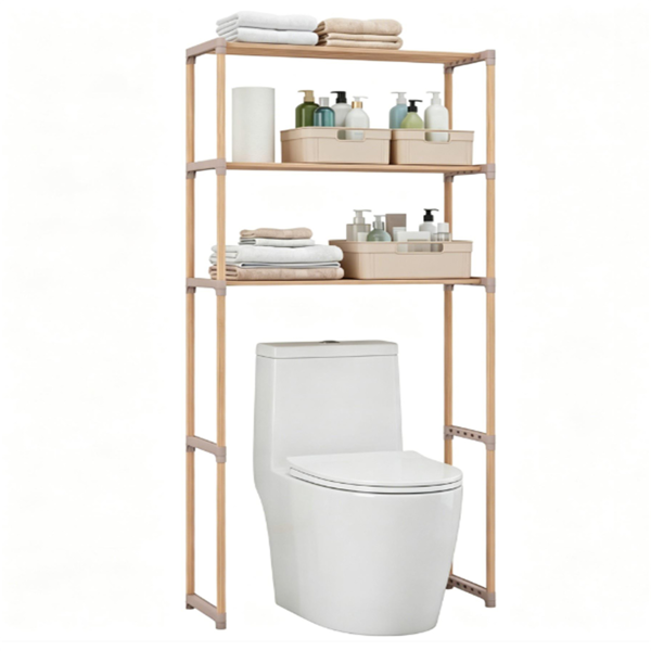 AEELLEEA 3-Tier Over-the-Toilet Storage Rack, Solid Pine Wood Bathroom Organizer Shelf, 28" W x 11" D x 58.5" H, Natural Wood