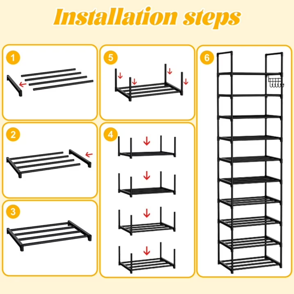AEELLEEA 10 Tier Metal Shoe Rack, Stackable Space-Saving Shoe Organizer with Side Hooks, Heavy Duty Reinforced Steel Shoe Shelf, Freestanding Shoe Storage for Entryway, Closet, Hallway for Shoes & Boots