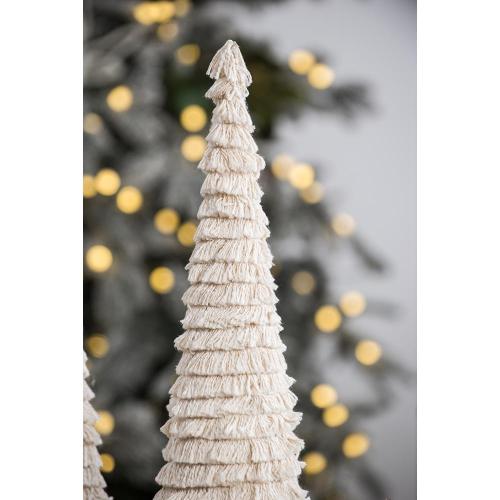D3.9x15" Cream Fringe Embellished Cone Tree with Wooden Base, Rustic Tabletop Christmas Decoration for Mantel, Desk & Shelf.