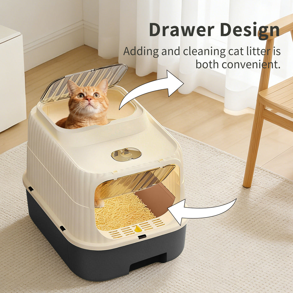 Enclosed Cat Litter Box with 2-Way Transparent Door and Litter Sifting Step, Removable Easy-Clean Design, Beige & BALCK