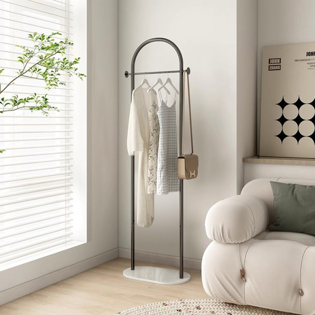 AEELLEEA-Freestanding Metal Coat Rack with Bottom Storage Shelf & Side Hooks, Modern Garment Organizer