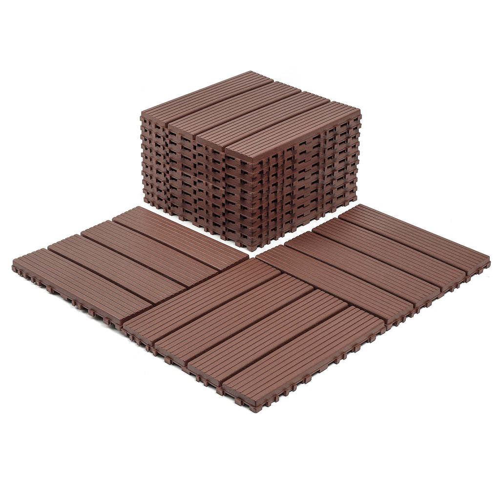 AEELLEEA 12 Inch Brown PP Interlocking Deck Tiles, 44 Pack Waterproof Patio Flooring Tiles, Non-Slip Drainage Outdoor Decking for Backyard Poolside Balcony