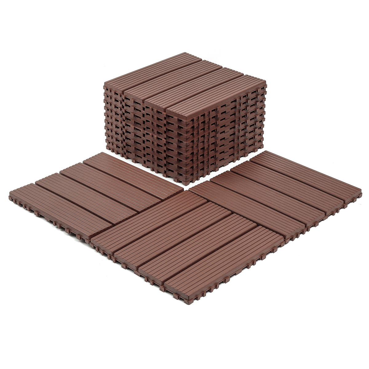 AEELLEEA 12 Inch Brown PP Interlocking Deck Tiles, 44 Pack Waterproof Patio Flooring Tiles, Non-Slip Drainage Outdoor Decking for Backyard Poolside Balcony