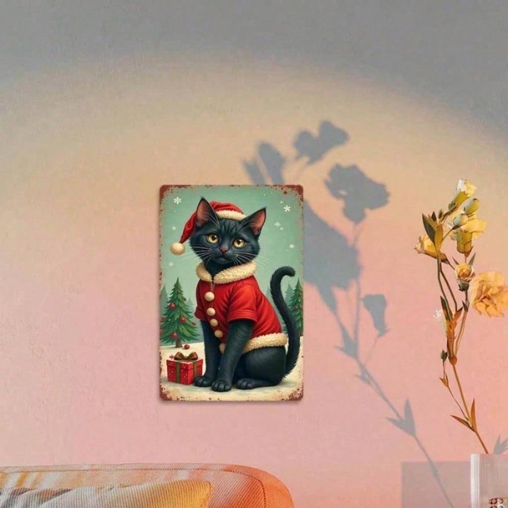 AEELLEEA-Vintage Christmas Black Cat Metal Tin Sign, 11.81x7.87 Inch Retro Wall Plaque with Santa Hat Cat, Snowflake