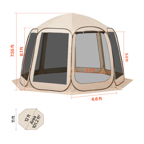 Screen House Tent 10 12 Person, Pop Up Mesh Tent 12 x 11 x 7.55 ft, Octagonal Camping Canopy with 360 Mesh, Outdoor Gazebo