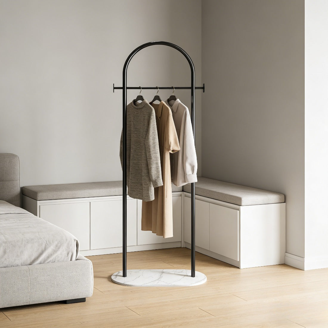 AEELLEEA-Freestanding Metal Coat Rack with Bottom Storage Shelf & Side Hooks, Modern Garment Organizer