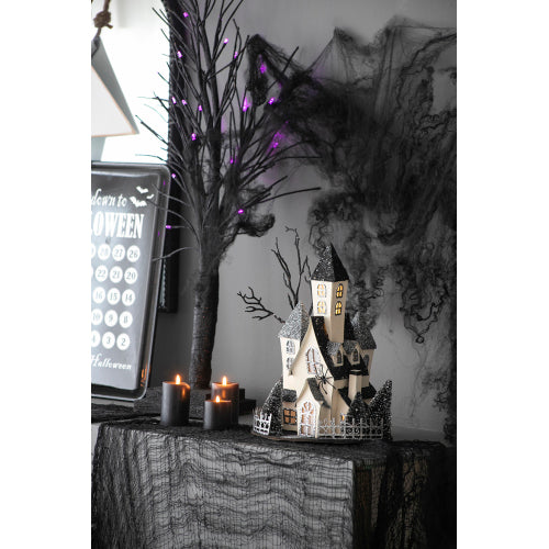 Lighted Haunted House Halloween Decor, Battery Powered Cardboard Spooky House, 10x8.3x13.5 Inch Black Beige Tabletop Ornament for Holiday Party Decoration