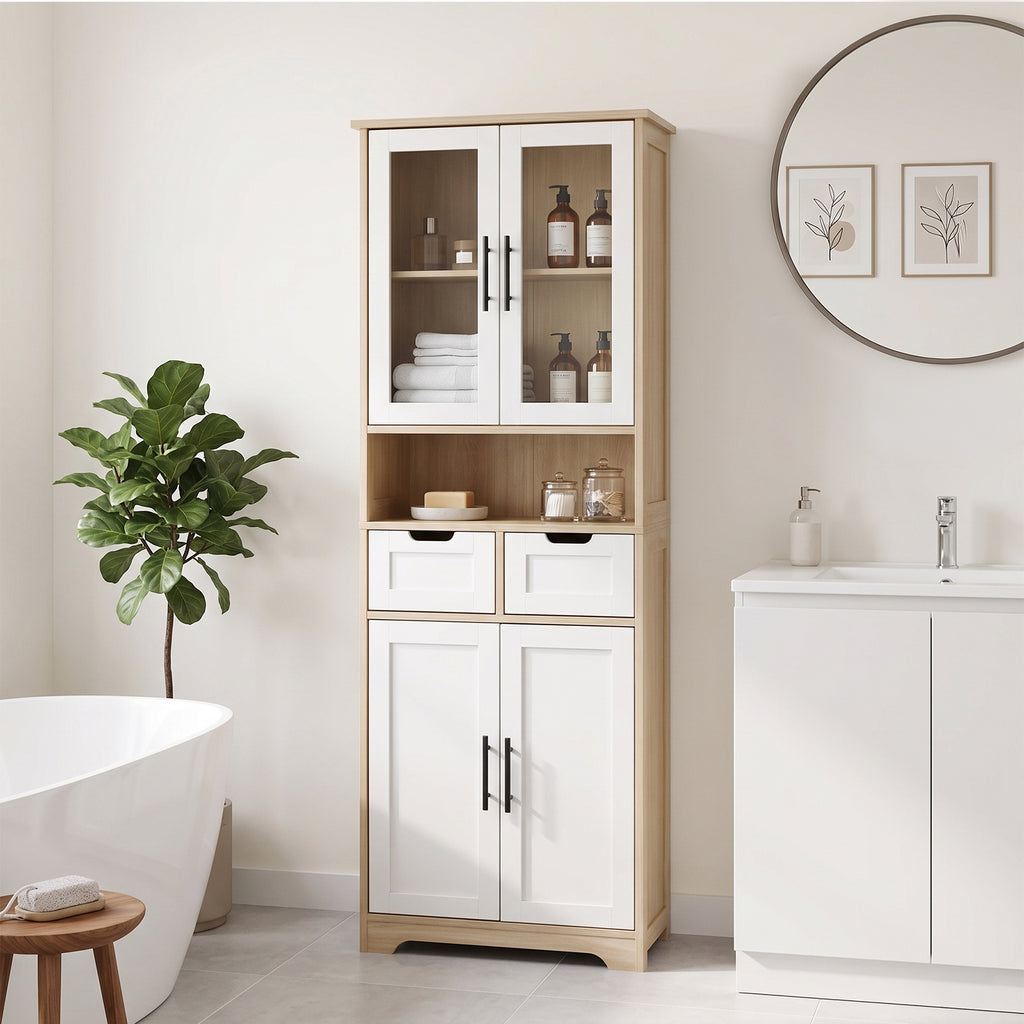 AEELLEEA Tall Storage Cabinet with Glass & Solid Doors, 23.6"x11.8"x66.9" Wooden Freestanding Cabinet with 2 Drawers