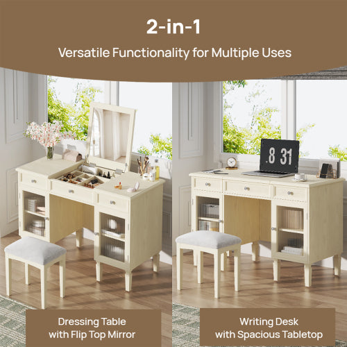 AEELLEEA Vanity Desk with Flip-Top Mirror, Storage Drawers, Side Cabinets and Stool, 46.3-Inch Makeup Desk, Cream