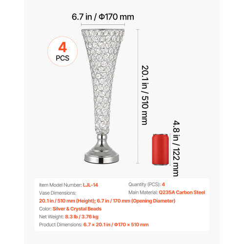 4 Pack 20 Inch Crystal Wedding Vases, Silver Metal Trumpet Flower Stand for Wedding Centerpieces, Party Decor