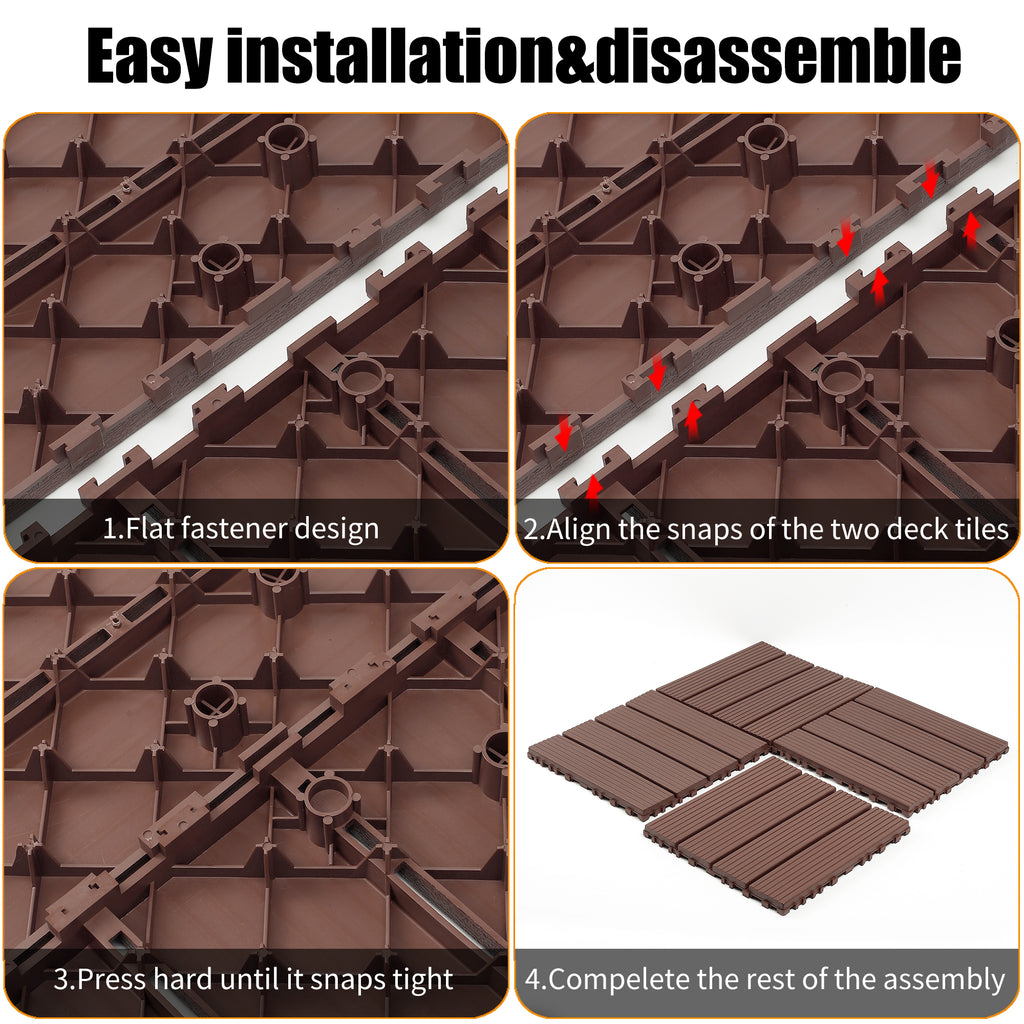 AEELLEEA 12 Inch Brown PP Interlocking Deck Tiles, 44 Pack Waterproof Patio Flooring Tiles, Non-Slip Drainage Outdoor Decking for Backyard Poolside Balcony
