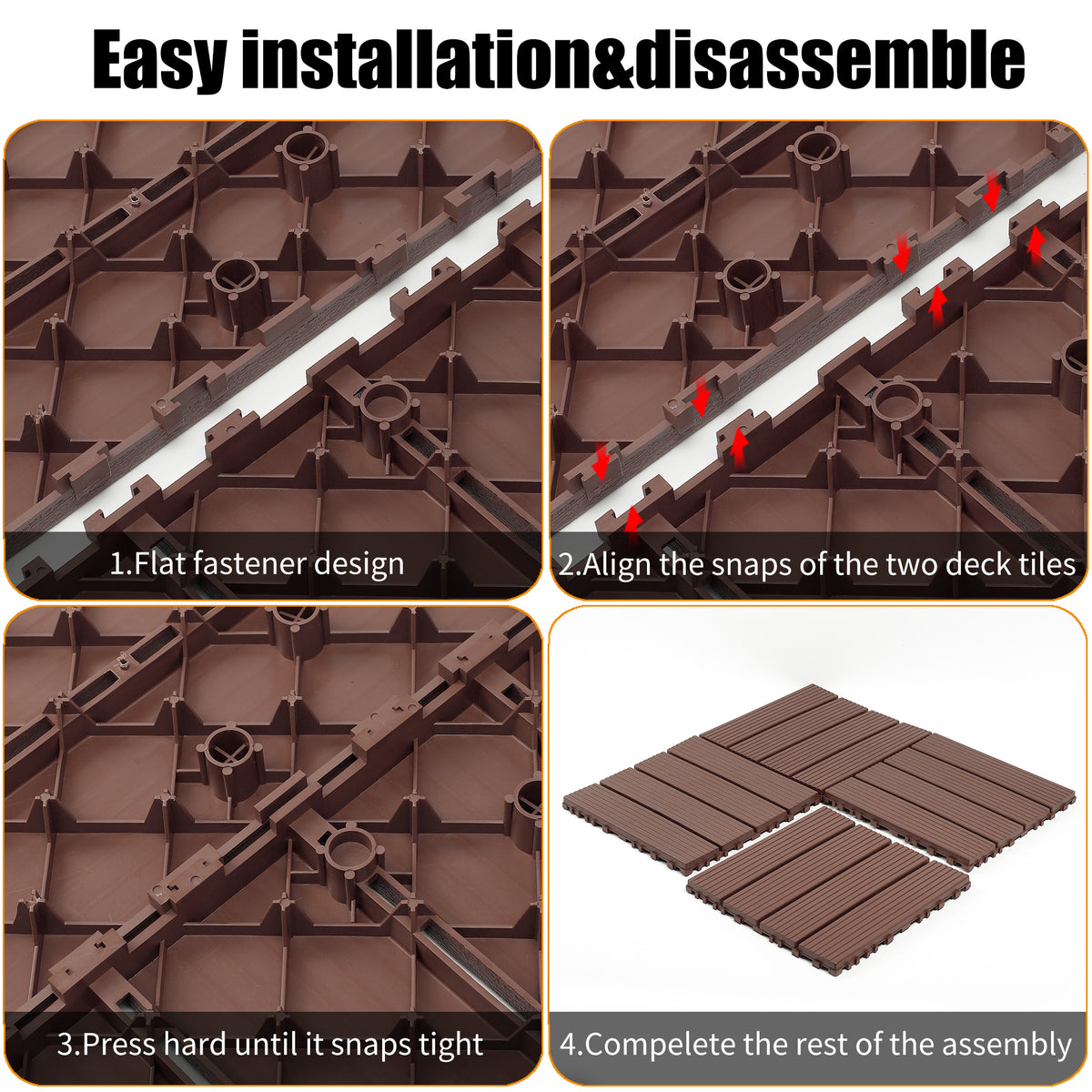 AEELLEEA 12 Inch Brown PP Interlocking Deck Tiles, 44 Pack Waterproof Patio Flooring Tiles, Non-Slip Drainage Outdoor Decking for Backyard Poolside Balcony