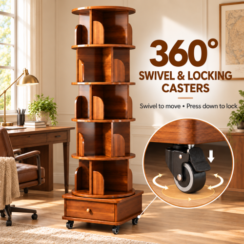 AEELLEEA 6-Tier 360° Rotating Bookshelf with Wheels & Storage Drawer, Wood Corner Bookcase Organizer for Bedroom Living Room Study, Walnut Brown