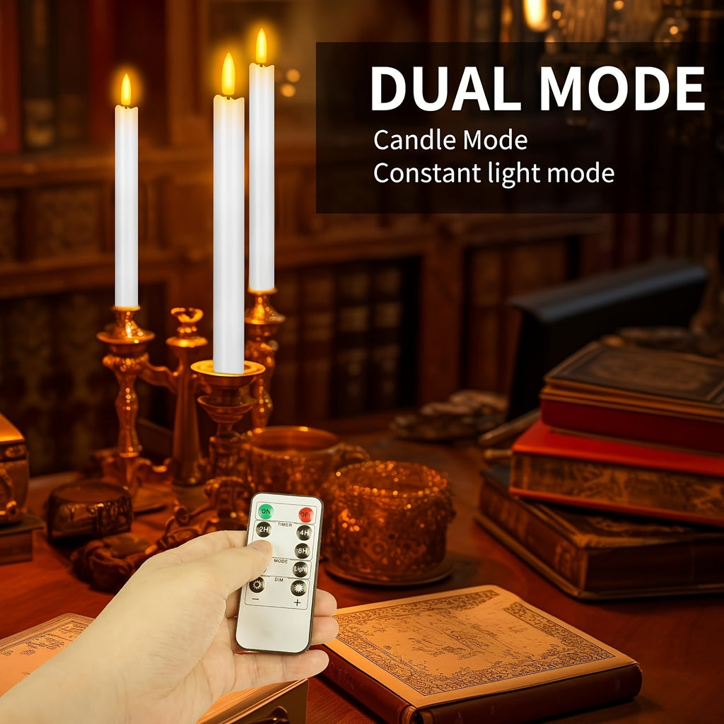 10 White Taper Candles with 2 Remotes - Remote-Adjustable Brightness, Safe for Homes & Events