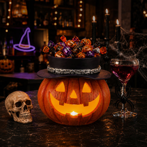AEELLEEA Halloween Pumpkin Candy Bowl with Top Hat, Resin Jack O Lantern Tabletop Storage Holder for Home Party Decor