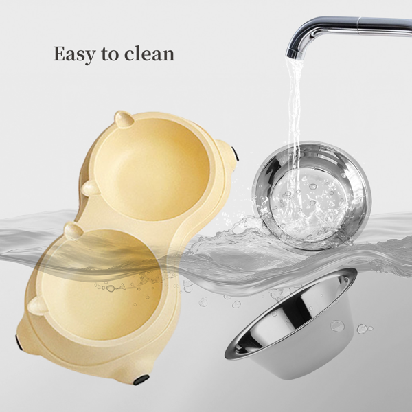 15° Tilted Double Stainless Steel Pet Bowls for Cats & Small Dogs, Non-Slip Food & Water Feeder - Beige