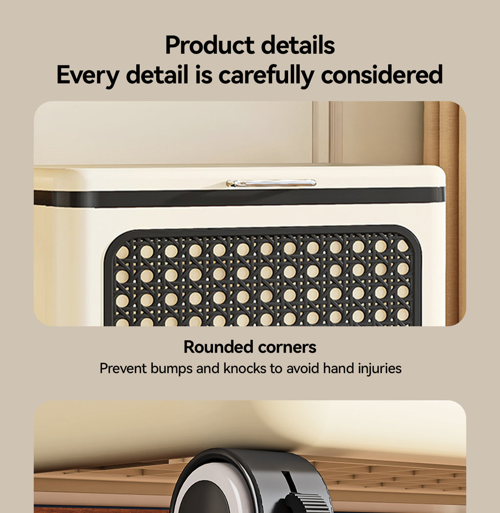 Rolling Open Storage Bin - Cream Black Simulated Rattan Weave Design, Stackable & Comfort Handle (24.41” L x 15.35” W x 24.21” H)