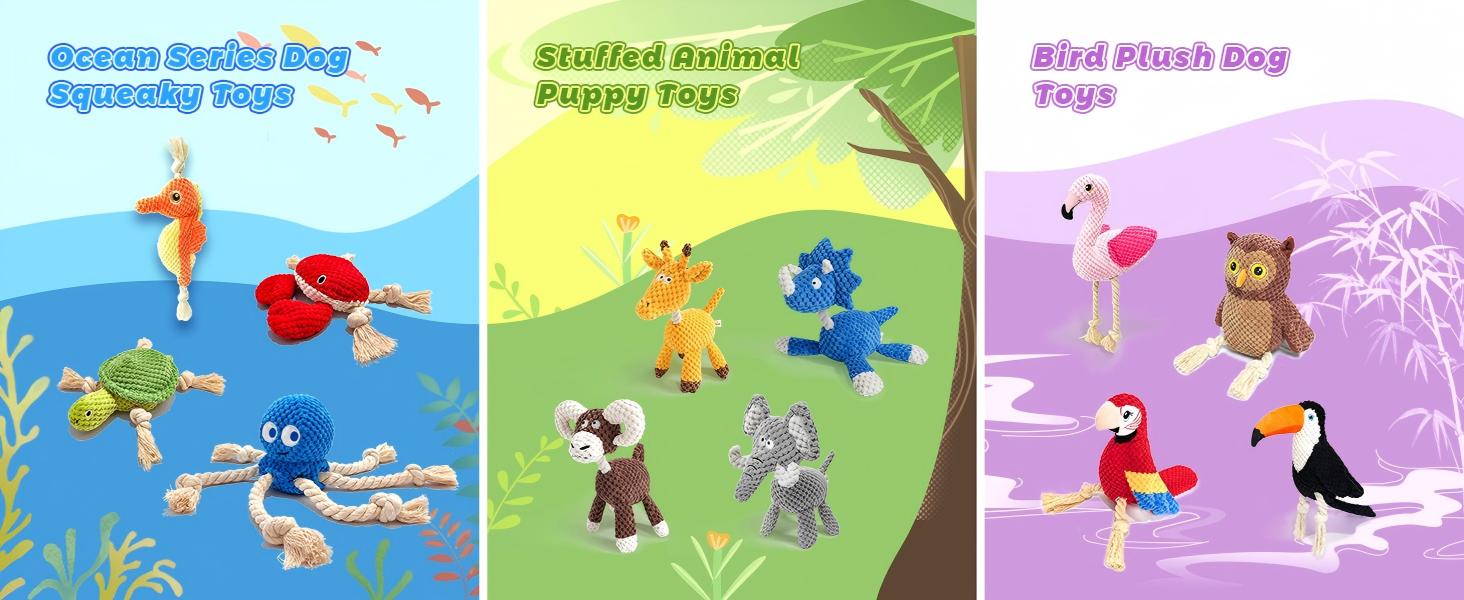 4-Pack Squeaky Dog Toys Set Sea Crinkle Plush Toy Rope Toys for Dogs Tug of War Toy & Oral Care Puppy Toys for Small Medium Large Dogs