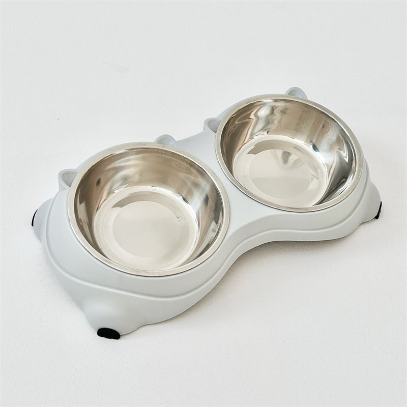 Stainless Steel Double Pet Bowl with Non-Slip Base, 15° Ergonomic Tilt, Food & Water Bowls for Cats and Small Dogs, White Bear