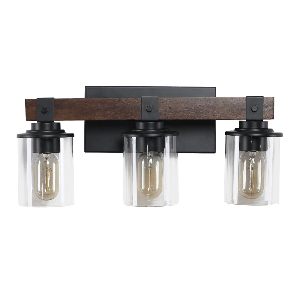 3-Light Vanity Mirror Lighting, Solid Wood Lamp Pole, Iron Base & Lamp Cup Connector, Glass Lampshade, Matte Black Metal Frame with Walnut Finish, Makeup Lights for Dressing Table Bedroom Bathroom Decor