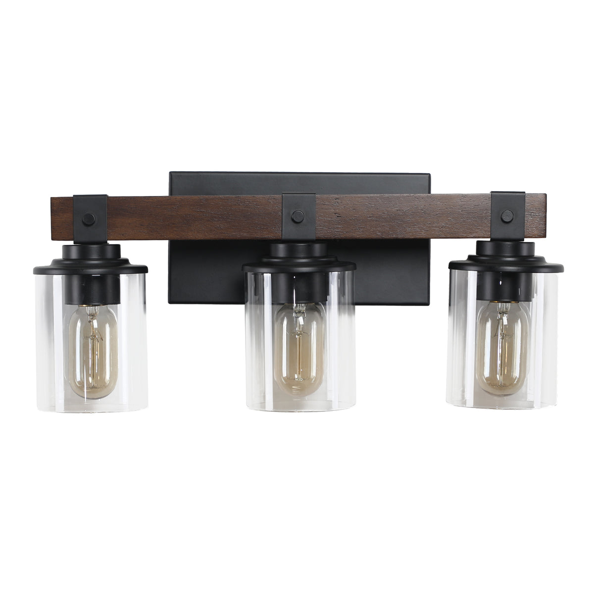 3-Light Vanity Mirror Lighting, Solid Wood Lamp Pole, Iron Base & Lamp Cup Connector, Glass Lampshade, Matte Black Metal Frame with Walnut Finish, Makeup Lights for Dressing Table Bedroom Bathroom Decor
