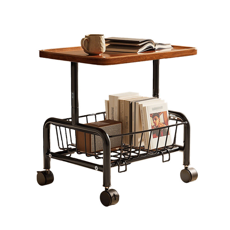 Mobile Sofa Side Table Cart, 2-Tier Design with Removable Metal Basket, 360° Rolling Storage Table for Bedside Living Room