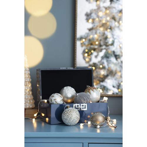 AEELLEEA 3.9" Grey Flocked Wave Glass Christmas Ornaments Set of 6, Silver Glitter Hanging Baubles for Xmas Tree Holiday Decor