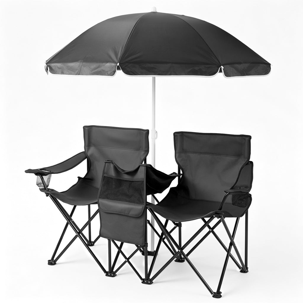 AEELLEEA Double Folding Camping Chair Set with 60" Sun Umbrella, Portable Outdoor 2-Seat Chair for Patio Beach