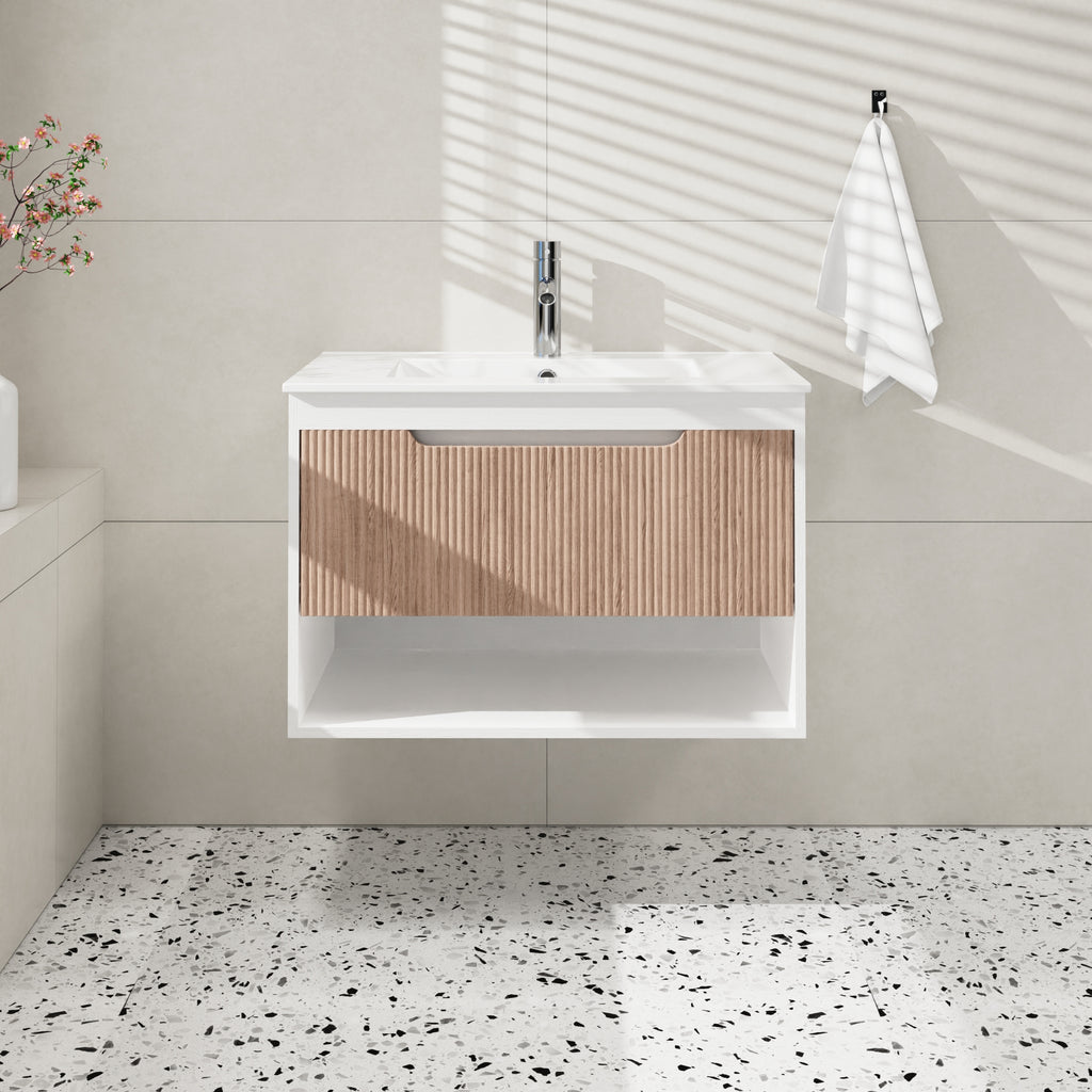 AEELLEEA 30" Floating Bathroom Vanity, Fluted Oak Drawer, White Ceramic Sink, Wall Mount Bath Cabinet