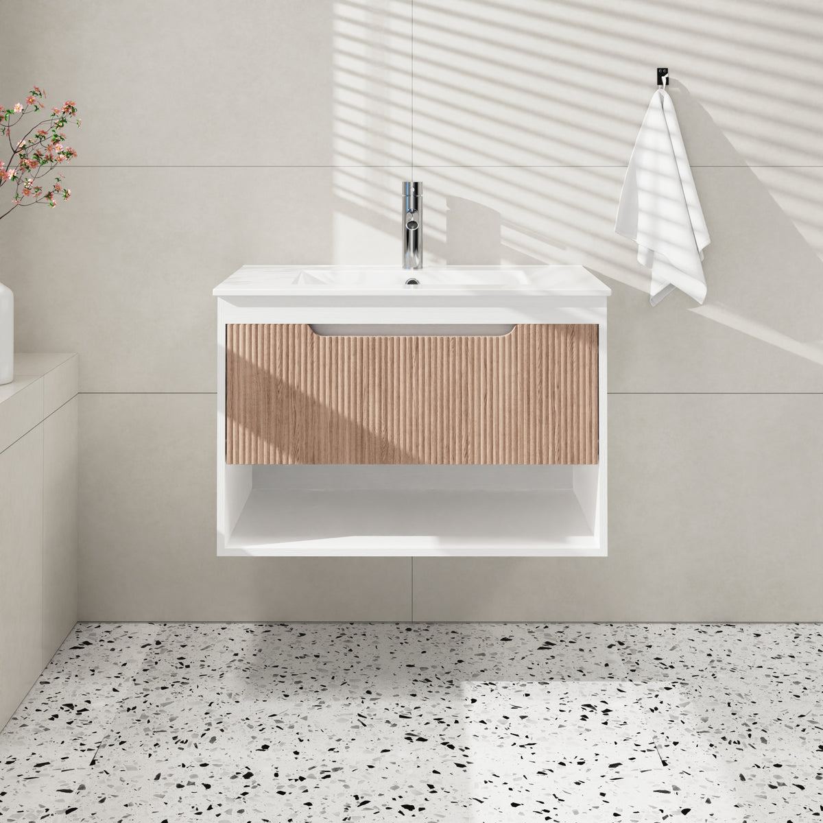 AEELLEEA 30" Floating Bathroom Vanity, Fluted Oak Drawer, White Ceramic Sink, Wall Mount Bath Cabinet