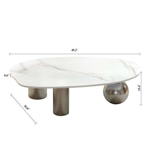 Coffee Table 49.2 Inch, Free Form Marble Look Table with Silver Ball Base and Pillar Legs, Modern Luxury Center Table