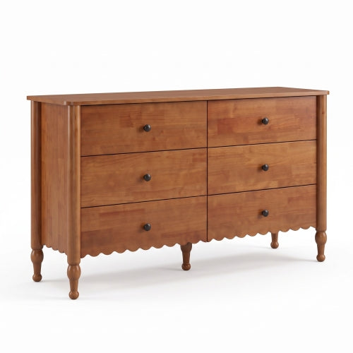 AEELLEEA 55" Farmhouse 6 Drawer Dresser, Rustic Brown Wood Look Double Dresser with Vintage Turned Legs for Bedroom