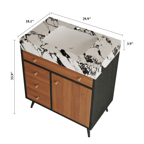 Bathroom Vanity with Sink, Black and Walnut Freestanding Bathroom Cabinet with 4 Drawers, Marble Top Modern Vanity