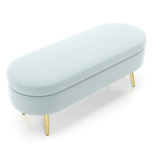 AEELLEEA 43 Inch Oval Storage Ottoman Bench, Light Blue Textured Fabric Bench with Gold Metal Legs for Bedroom Entryway