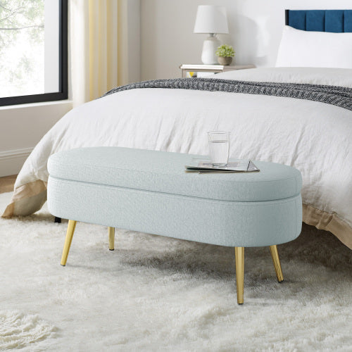 AEELLEEA 43 Inch Oval Storage Ottoman Bench, Light Blue Textured Fabric Bench with Gold Metal Legs for Bedroom Entryway