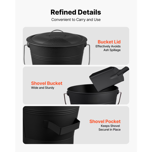 AEELLEEA 2.6 Gal Fireplace Ash Bucket with Lid, Shovel, Brush and Gloves, Metal Coal and Firewood Storage Pail, Black