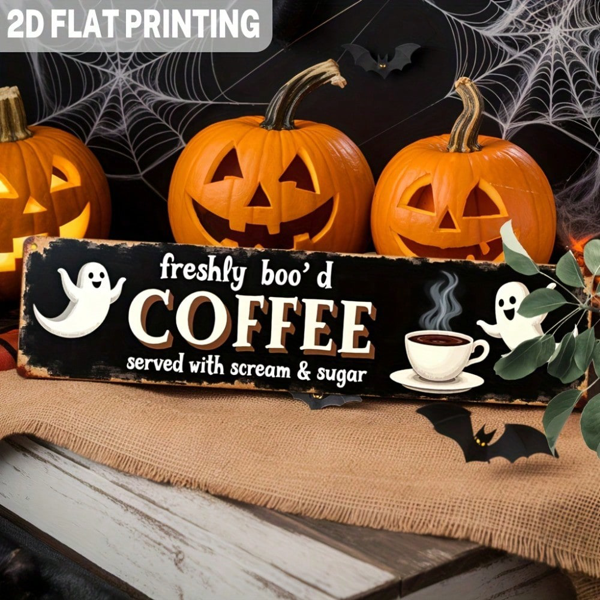 Halloween Metal Tin Sign, Funny "Boo'd Coffee" Ghost Pumpkin Wall Decor for Home Coffee Bar Party, 3.93×15.74 Inch