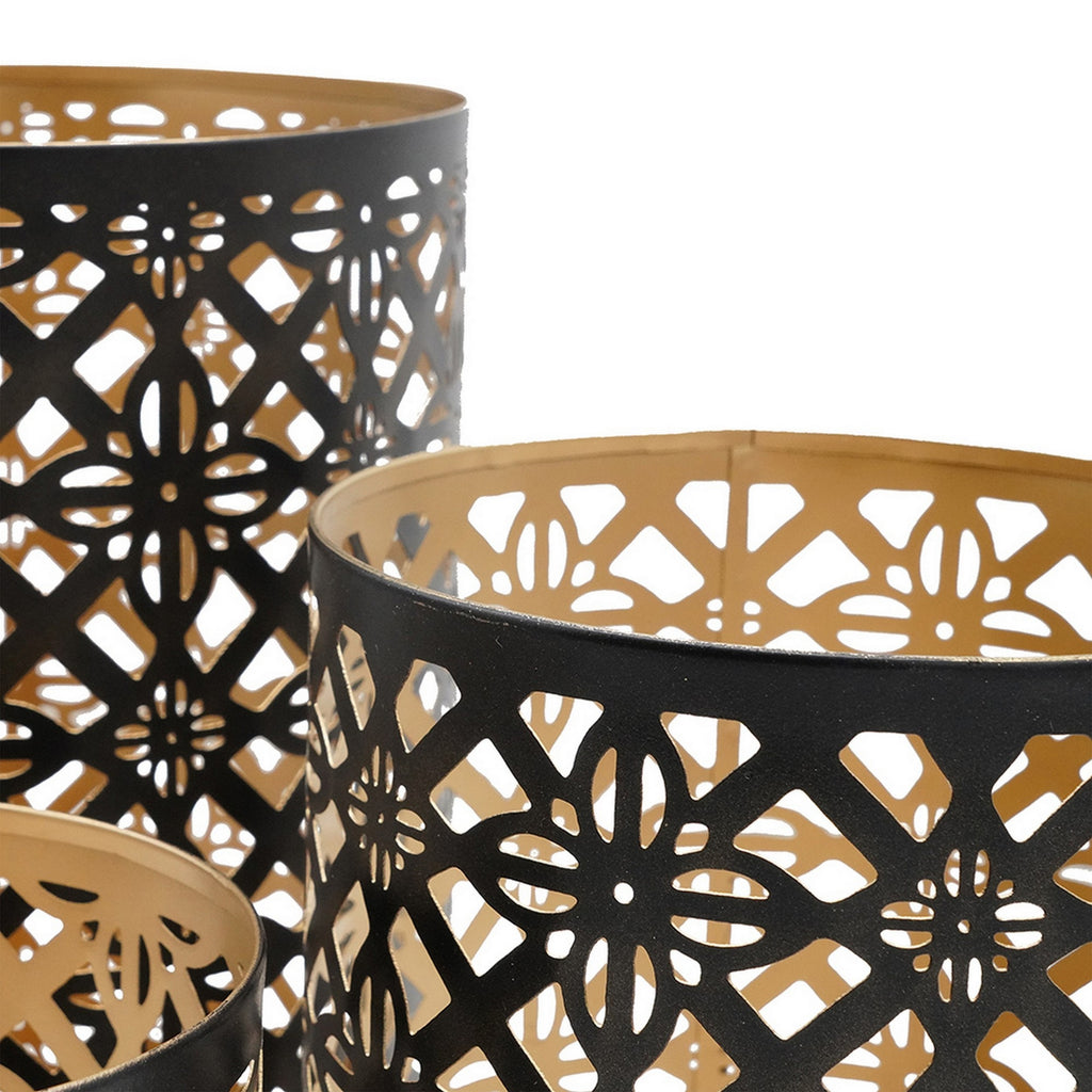 AEELLEEA Set of 3 Metal Lantern Candle Holders, Moroccan Lattice Cutout, Black & Gold Hollow Candle Decor for Entryway Table