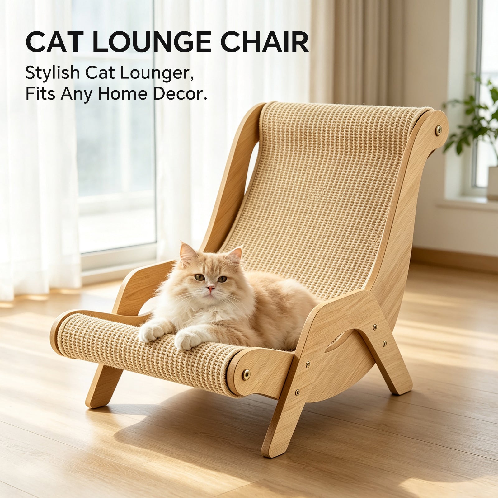 Sisal Cat Lounger Scratcher, Wooden Frame Cat Chair, Cat Scratching Lounge Bed for Indoor Cats