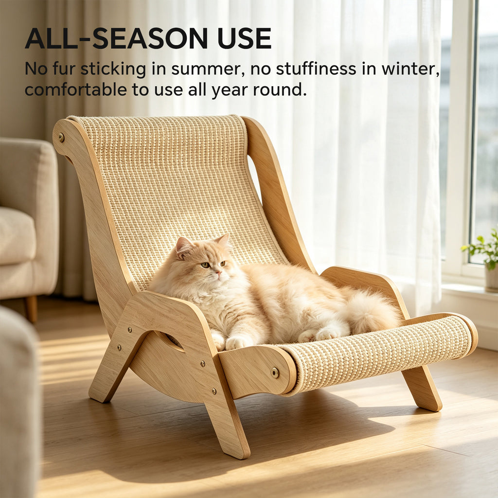 Sisal Cat Lounger Scratcher, Wooden Frame Cat Chair, Cat Scratching Lounge Bed for Indoor Cats