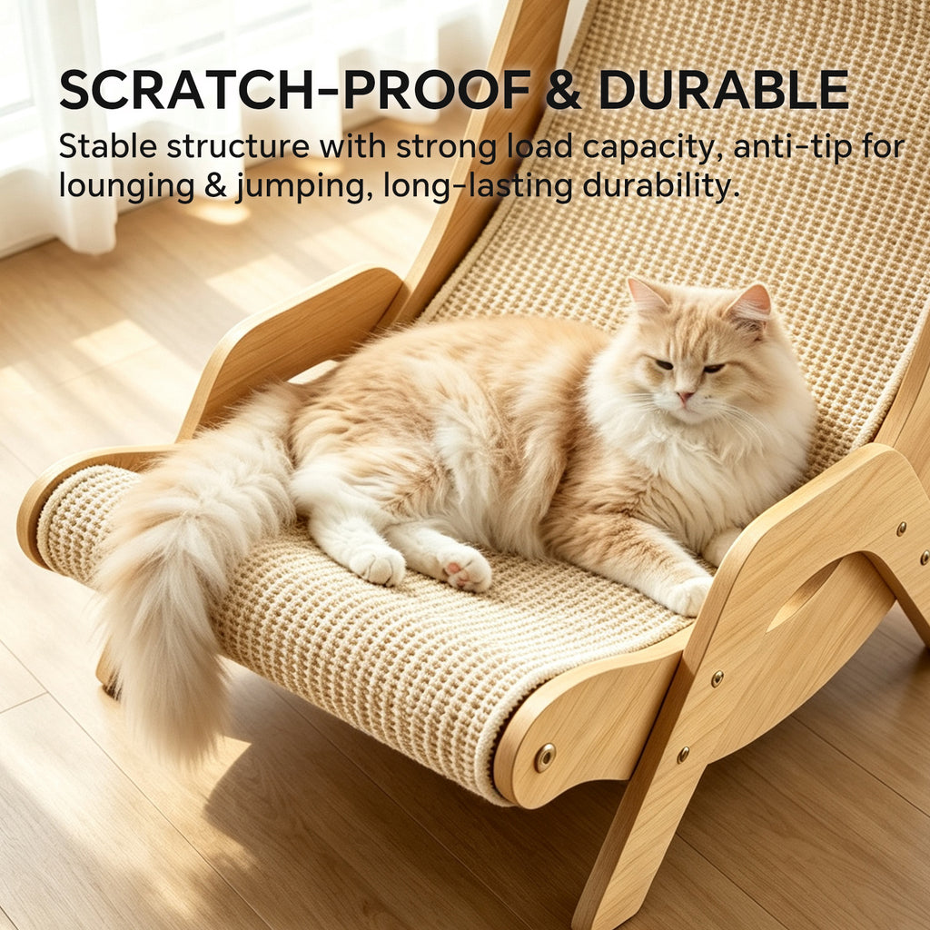 Sisal Cat Lounger Scratcher, Wooden Frame Cat Chair, Cat Scratching Lounge Bed for Indoor Cats