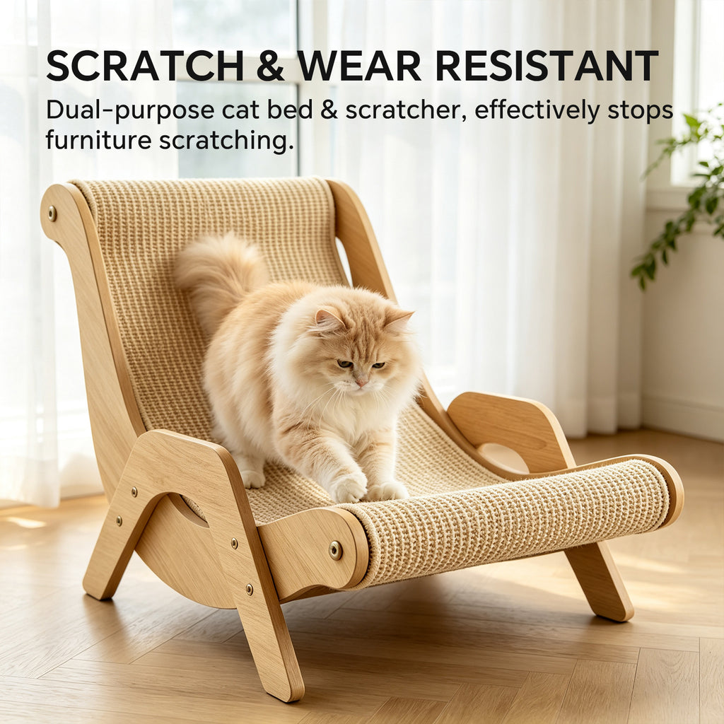 Sisal Cat Lounger Scratcher, Wooden Frame Cat Chair, Cat Scratching Lounge Bed for Indoor Cats