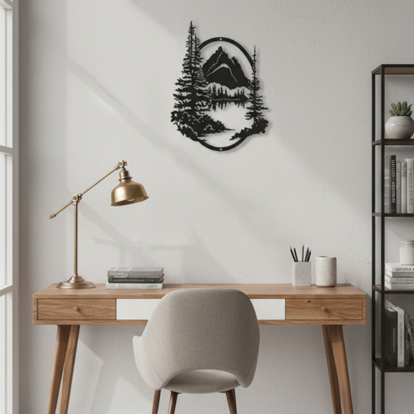 Black Metal Mountain Wall Art, 15.35" Forest Lake Tree Silhouette Wall Decor, Nature Landscape Wall Hanging for Living Room Bedroom Cabin Porch