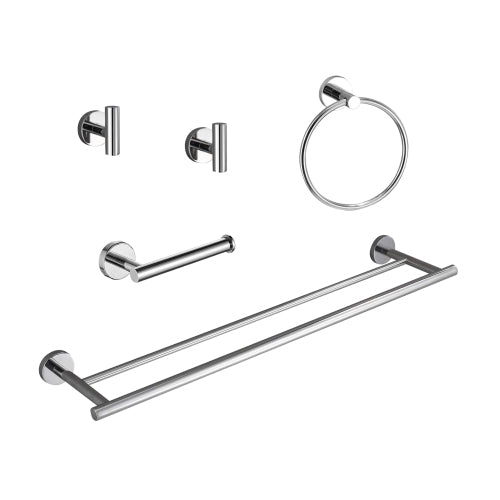AEELLEEA Chrome & Stainless Steel 5-Piece Bathroom Hardware Set, Rust Resistant, Wall Mount Towel Bar, Ring, Paper Holder & Hooks