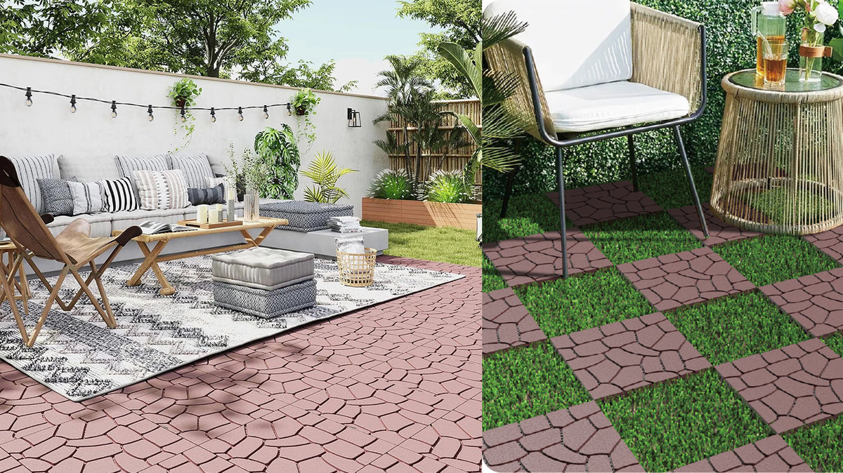 AEELLEEA 12 Inch Stone Texture Interlocking Patio Deck Tiles, 44 Pack Waterproof Outdoor Flooring Tiles for Poolside Balcony Backyard