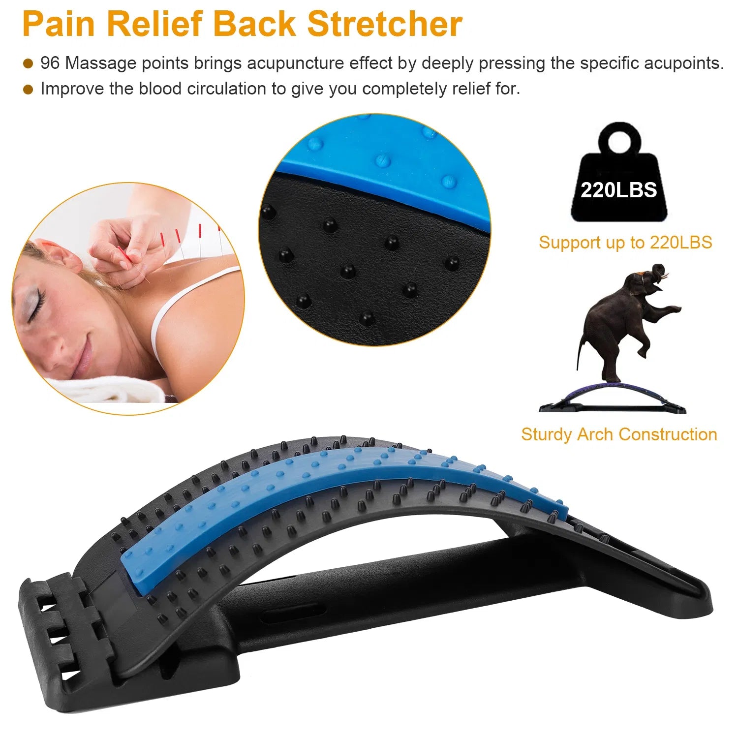 3-Level Adjustable Back Stretcher with 96 Massage Points, Lumbar Back Pain Relief Device, 220LBS Support Spine Deck for Home Office Chair Car Use