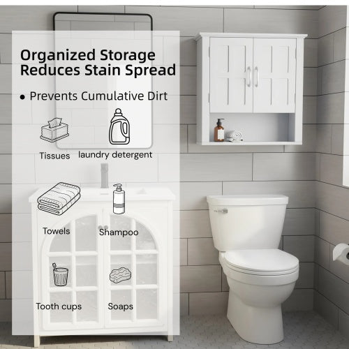 Wall Mounted Cabinet, White Storage Cabinet with Adjustable Shelves and Silver Handle, Bathroom Kitchen Organizer