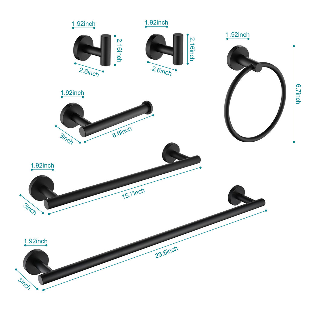 AEELLEEA Matte Black Bathroom Hardware Set, 6-Piece Metal Towel Bar Towel Ring Toilet Paper Holder Robe Hooks, Wall Mount Bath Accessories