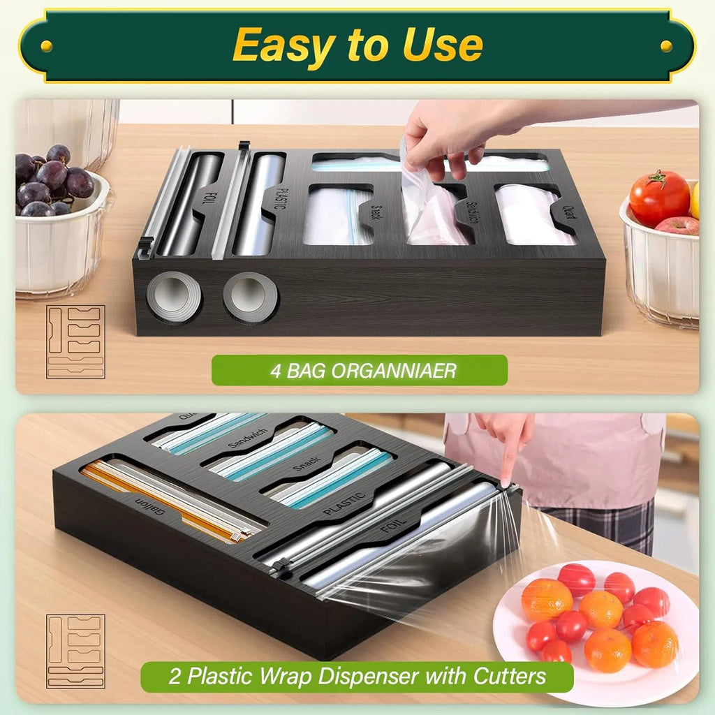 6-in-1 Bamboo Bag Organizer and Plastic Wrap Dispenser with Cutter, Food Storage Bag, Foil and Wrap Organizer for Drawer or Wall, Black