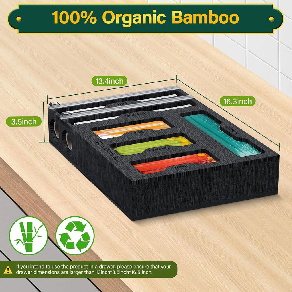 6-in-1 Bamboo Bag Organizer and Plastic Wrap Dispenser with Cutter, Food Storage Bag, Foil and Wrap Organizer for Drawer or Wall, Black